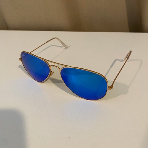 Ray-Ban Aviator Sunglasses Blue‎ Mirror Lens Gold Frame Made in Italy with case - Picture 2 of 16